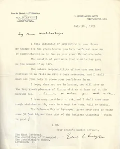 Typed formal letter on cream stationery with a printed 17 Queen Anne's Gate, Westminster header and boxed telephone number, dated July 9, 1929, addressed “My dear Archbishop,” expressing thanks for being commissioned to design a cathedral and signed in black ink.
