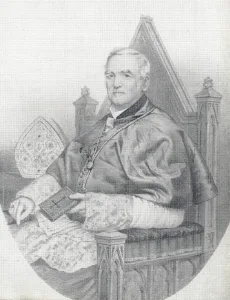Monochrome engraved portrait of an elderly clergyman seated on a carved high-backed wooden throne, wearing ornate bishop's robes, lace cuffs, a pectoral cross and ring, holding a small book with a mitre displayed behind him.