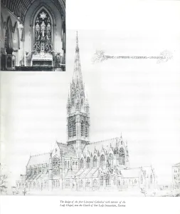 Detailed pencil elevation of a Gothic cathedral with a soaring central spire labelled Saint Edwards Cathedral, Liverpool, accompanied by a small inset photograph of the Lady Chapel interior showing an ornate altar and stained-glass window.