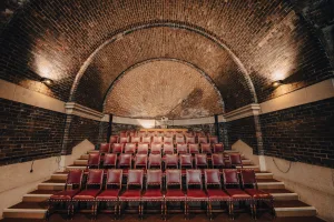 Tiered rows of vintage red leather chairs with brass studs face a semicircular vaulted brick ceiling lit by warm wall sconces in a small arched auditorium.