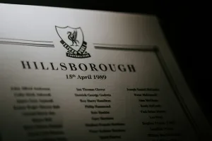 Commemorative Liverpool Football Club plaque titled HILLSBOROUGH with the club crest above and the date 15th April 1989, followed by columns of names.