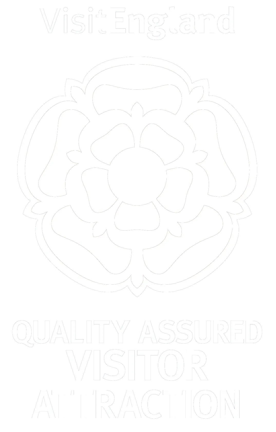 White VisitEngland logo showing a stylised Tudor rose emblem with 'VisitEngland' above and the words 'QUALITY ASSURED VISITOR ATTRACTION' stacked below on a black background.